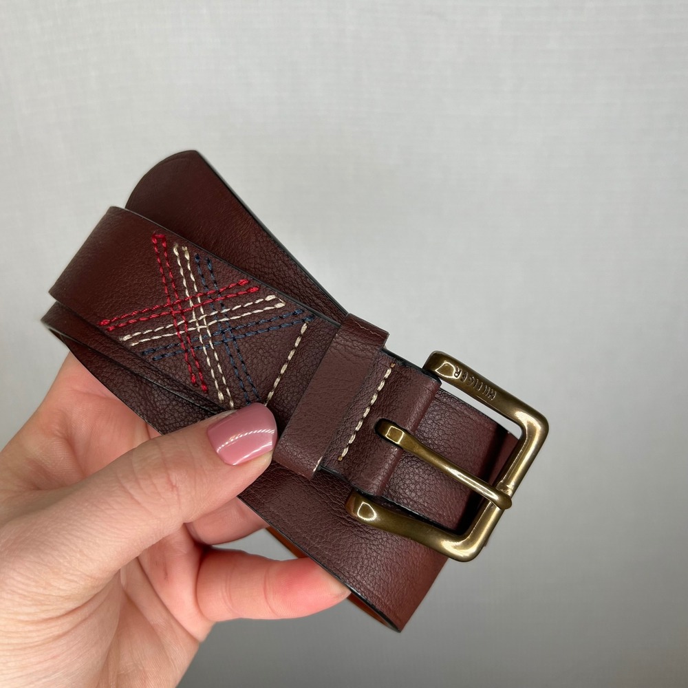 Tommy Hilfiger Mens Brown Faux Leather Embroidered Flag Belt Brass Buckle 46 48